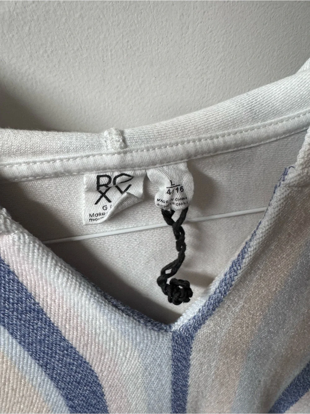 Roxy Striped V-Neck Hooded Pullover in White, Light Blue & Cream